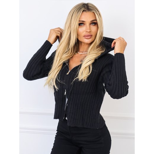 DZIANINOWA  BLUZA W PRĄŻEK Z KAPUREM NA SUWAK- CZARNA ze sklepu olika.com.pl w kategorii Bluzy damskie - zdjęcie 178966674