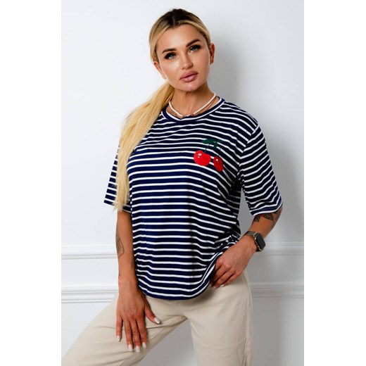 T-SHIRT W PASKI Z OZDOBNĄ APLIKACJĄ- GRANATOWY ze sklepu olika.com.pl w kategorii Bluzki damskie - zdjęcie 178967694
