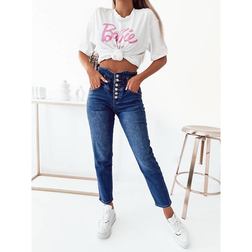 JASNE SPODNIE JEANSOWE MOM FIT Z GUZIKAMI I WYSOKIM STANEM- GRANATOWE ze sklepu olika.com.pl w kategorii Jeansy damskie - zdjęcie 178969473