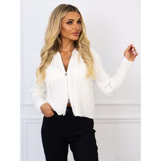DZIANINOWA  BLUZA W PRĄŻEK Z KAPUREM NA SUWAK- BIAŁA ze sklepu olika.com.pl w kategorii Bluzy damskie - zdjęcie 178970021