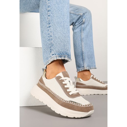 Beżowo-Brązowe Sneakersy Skórzane Ozdobione Metalicznymi Wstawkami i Przeszyciami Renosa ze sklepu renee.pl w kategorii Buty sportowe damskie - zdjęcie 178975290