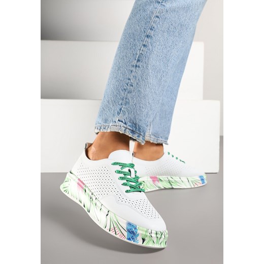 Biało-Zielone Skórzane Sneakersy z Ażurową Cholewką i Ozdobną Podeszwą Kolavinea 36 born2be.pl