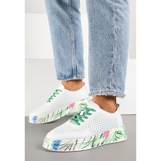 Biało-Zielone Skórzane Sneakersy z Ażurową Cholewką i Ozdobną Podeszwą Kolavinea 38 born2be.pl