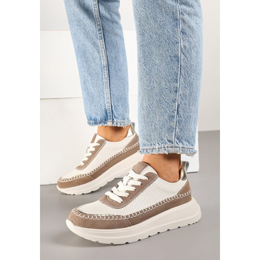 Beżowo-Brązowe Skórzane Sneakersy z Perforacją Przeszyciami i Metalicznymi Wstawkami Reimara ze sklepu born2be.pl w kategorii Buty sportowe damskie - zdjęcie 178975693