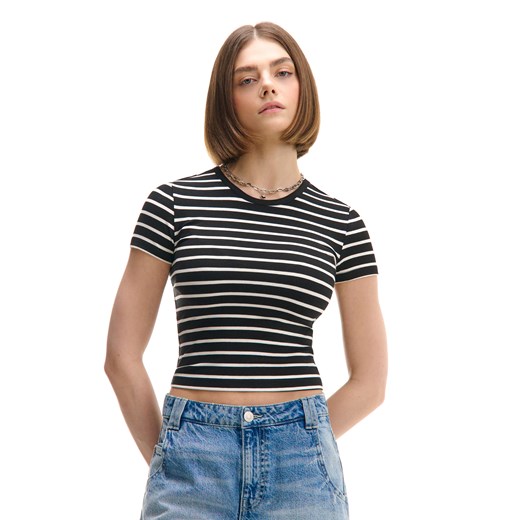 Cropp - Pasiasty T-shirt z wiskozą - czarny ze sklepu Cropp w kategorii Bluzki damskie - zdjęcie 178979311