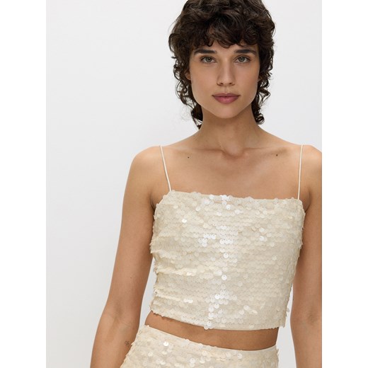 Reserved - Cekinowy top na ramiączka - złamana biel Reserved S Reserved wyprzedaż