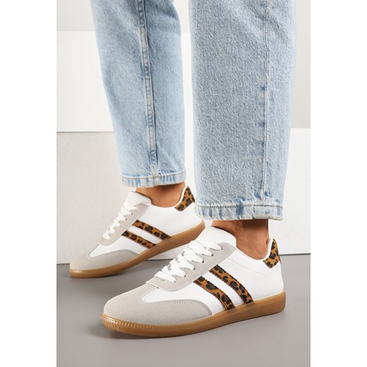 Biało-Panterkowe Sneakersy w Stylu Klasycznych Tenisówek z Ozdobnymi Przeszyciami Revasa ze sklepu born2be.pl w kategorii Buty sportowe damskie - zdjęcie 179001071