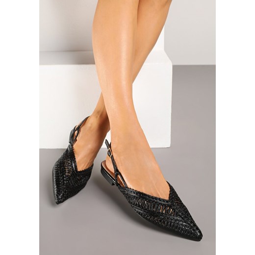 Czarne Sandały Typu Slingback z Metaliczną Nicią i Plecioną Cholewką Nilavalia ze sklepu renee.pl w kategorii Czółenka - zdjęcie 179009794
