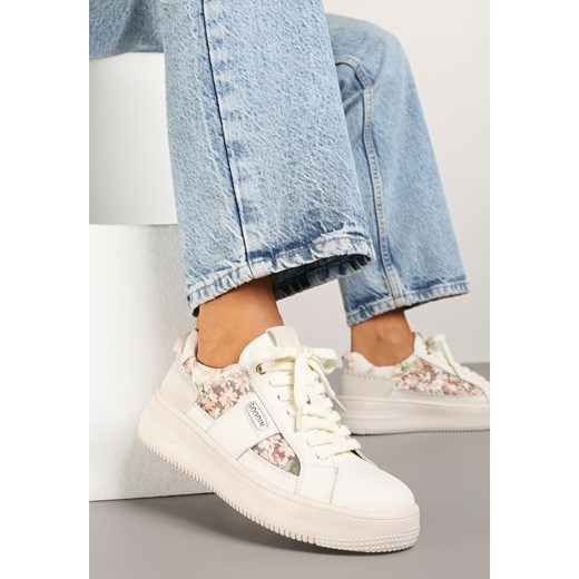 Beżowe Sneakersy ze Skóry Naturalnej z Kwiatami i Napisem Nilalora ze sklepu renee.pl w kategorii Buty sportowe damskie - zdjęcie 179010903