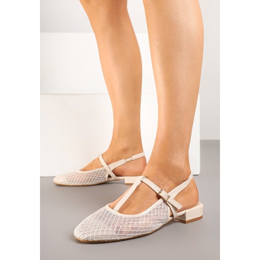 Beżowe Sandały Vices Lakierowane Slingback z Siateczkową Cholewką Mairelite ze sklepu renee.pl w kategorii Czółenka - zdjęcie 179010963