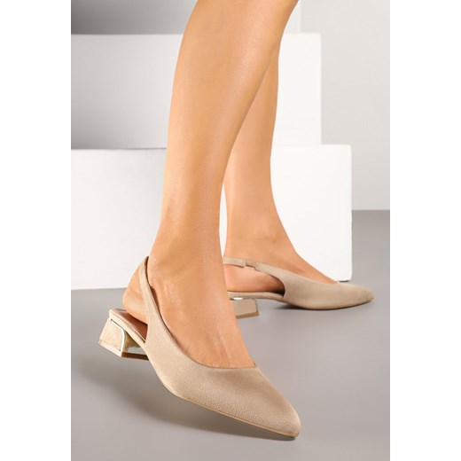Ciemnobeżowe Sandały Typu Slingback z Metaliczną Ozdobą Helmio ze sklepu renee.pl w kategorii Czółenka - zdjęcie 179023511