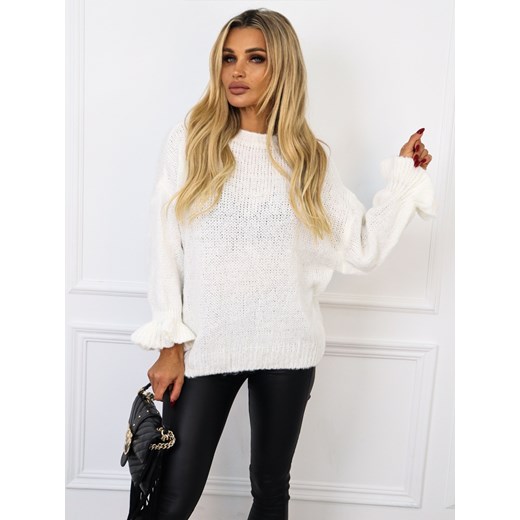 SWETER PLECIONY RĘKAW ZAKOŃCZONY FALBANĄ- BIAŁY ze sklepu olika.com.pl w kategorii Swetry damskie - zdjęcie 179026642