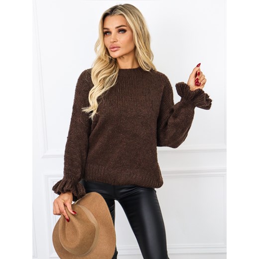 SWETER PLECIONY RĘKAW ZAKOŃCZONY FALBANĄ- CIEMNO BRĄZOWY ze sklepu olika.com.pl w kategorii Swetry damskie - zdjęcie 179026704