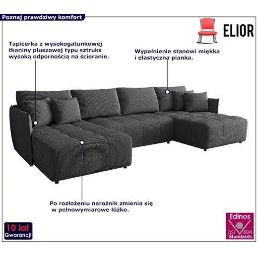 Grafitowy rozkładany narożnik z pojemnikiem w kształcie U - Lavroz Elior One Size Edinos.pl