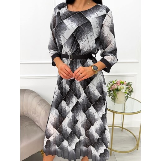 Grafitowo-Biała Plisowana Sukienka z Paskiem ze sklepu ModnaKiecka.pl w kategorii Sukienki - zdjęcie 179037490