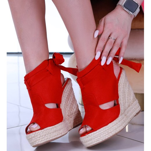 Czerwone sandały espadryle na koturnie /E7-1 14119 T271/ ze sklepu Pantofelek24.pl w kategorii Sandały damskie - zdjęcie 179041264