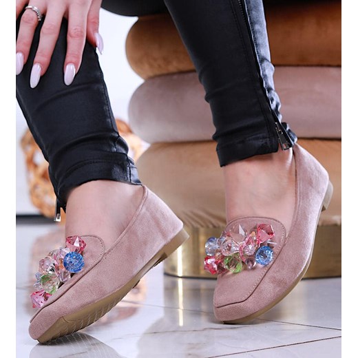 Stylowe balerinki lordsy z kamieniami Khaki /C6-2 14084 T488/ ze sklepu Pantofelek24.pl w kategorii Mokasyny damskie - zdjęcie 179041711