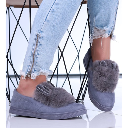 Wsuwane jasno szare zamszowe trampki z uszami slip on /G1-2 15627 T037/ ze sklepu Pantofelek24.pl w kategorii Trampki damskie - zdjęcie 179042570