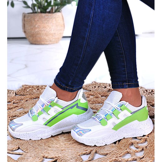 Sznurowane biało zielone damskie buty sportowe /D7-2 7960 S249/ ze sklepu Pantofelek24.pl w kategorii Buty sportowe damskie - zdjęcie 179042683