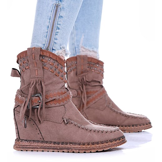 Botki boho na koturnie Khaki /G2-3 17078 G122/ ze sklepu Pantofelek24.pl w kategorii Botki - zdjęcie 179042740