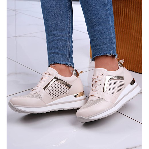 Ażurowe beżowe sneakersy na niskim koturnie /D9-2 13231 T592/ ze sklepu Pantofelek24.pl w kategorii Buty sportowe damskie - zdjęcie 179042930