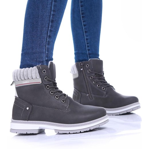Szare wiązane trapery z ociepleniem /D8-2 17085 T594/ ze sklepu Pantofelek24.pl w kategorii Workery damskie - zdjęcie 179043730