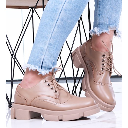 Wiosenne sznurowane półbuty damskie na platformie Khaki /F6-1 15490 T248/ ze sklepu Pantofelek24.pl w kategorii Półbuty damskie - zdjęcie 179044220