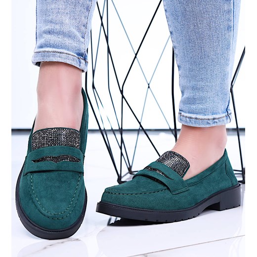 Zielone zamszowe półbuty loafersy na niskim obcasie /D9-2 15484 T386/ ze sklepu Pantofelek24.pl w kategorii Półbuty damskie - zdjęcie 179044753