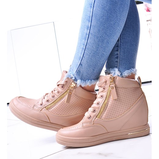 Beżowe sneakersy damskie na koturnie /B3-2 12826 T796/ ze sklepu Pantofelek24.pl w kategorii Botki - zdjęcie 179044934