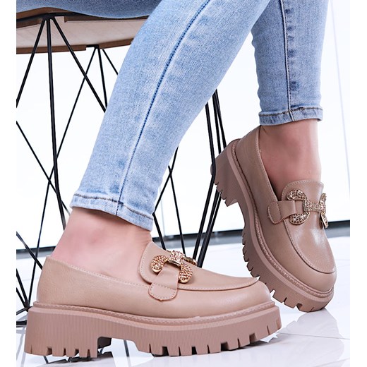 Wiosenne loafersy damskie półbuty na platformie Khaki /D8-1 15487 T336/ ze sklepu Pantofelek24.pl w kategorii Mokasyny damskie - zdjęcie 179045283
