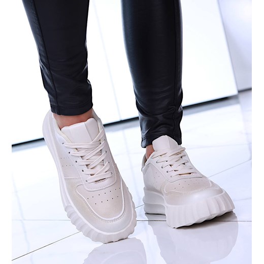 Beżowe damskie trampki sneakersy na platformie /D5-2 15122 T342/ ze sklepu Pantofelek24.pl w kategorii Buty sportowe damskie - zdjęcie 179046022