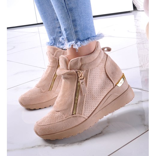 Beżowe sneakersy damskie na koturnie /E3-3 12827 T890/ ze sklepu Pantofelek24.pl w kategorii Buty sportowe damskie - zdjęcie 179046100