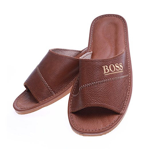 Skórzane męskie klapki domowe BOSS Brązowe /F9-1 14238 S196/ ze sklepu Pantofelek24.pl w kategorii Kapcie męskie - zdjęcie 179046312