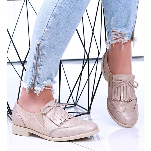 Wsuwane złote półbuty loafersy damskie /E3-3 15752 T223/ ze sklepu Pantofelek24.pl w kategorii Półbuty damskie - zdjęcie 179047394