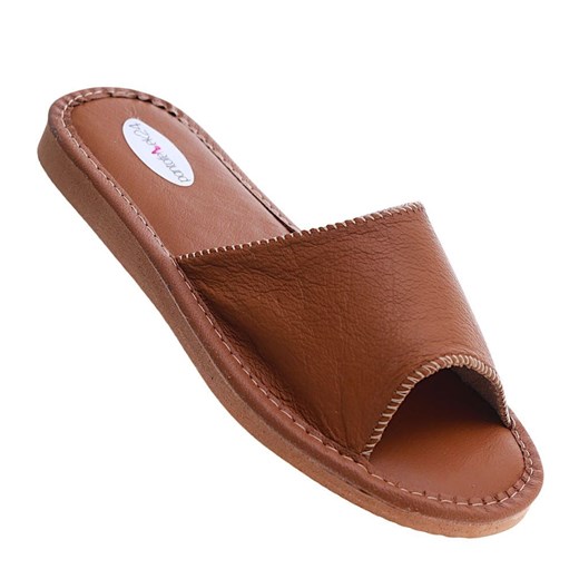 Brązowe klapki z naturalnej skóry Premium /G7-1 11322 S232/ ze sklepu Pantofelek24.pl w kategorii Kapcie damskie - zdjęcie 179048680