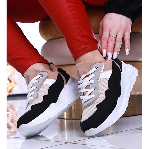 Wiązane sportowe buty damskie beżowe z czarnym /D9-3 13922 T299/ ze sklepu Pantofelek24.pl w kategorii Buty sportowe damskie - zdjęcie 179048814