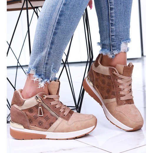 Damskie sneakersy na koturnie Khaki /G3-1 15913 D383/ ze sklepu Pantofelek24.pl w kategorii Buty sportowe damskie - zdjęcie 179052370