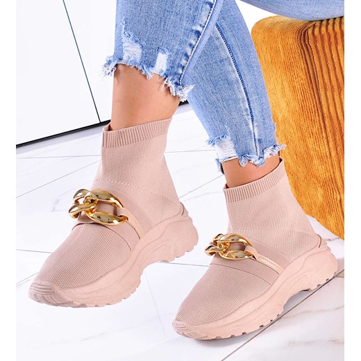 Wysokie trampki z łańcuchem Khaki /G2-3 11093 W392/ ze sklepu Pantofelek24.pl w kategorii Buty sportowe damskie - zdjęcie 179053283