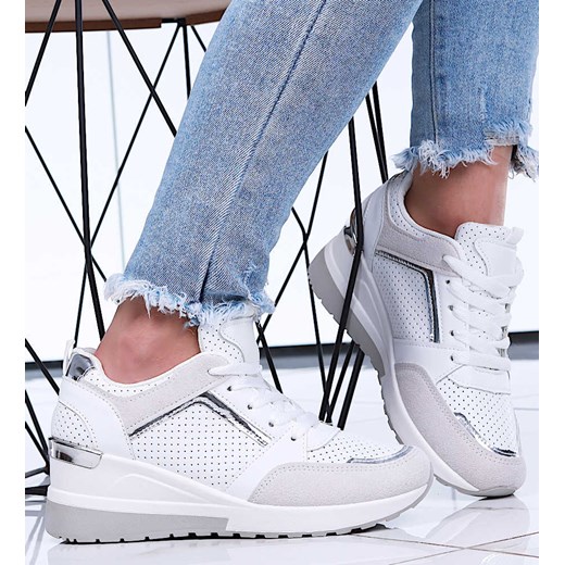 Biało szare sneakersy damskie na niskim koturnie /A10-3 15594 T489/ ze sklepu Pantofelek24.pl w kategorii Buty sportowe damskie - zdjęcie 179053411