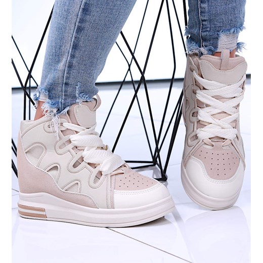 Sznurowane ciemno beżowe trampki sneakersy na niskim koturnie /D8-3 15777 D430/ ze sklepu Pantofelek24.pl w kategorii Buty sportowe damskie - zdjęcie 179053881