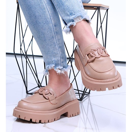 Wiosenne loafersy damskie półbuty na platformie Khaki /E2-3 15477 T326/ ze sklepu Pantofelek24.pl w kategorii Mokasyny damskie - zdjęcie 179053981