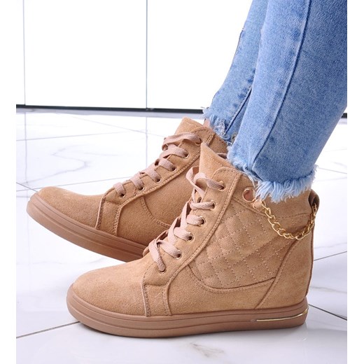 Beżowe sneakersy damskie na koturnie /E6-2 12769 T796/ ze sklepu Pantofelek24.pl w kategorii Botki - zdjęcie 179054634