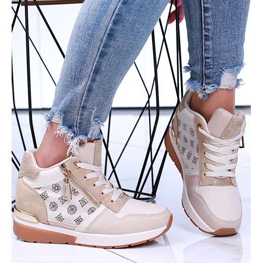 Beżowe damskie sneakersy na koturnie /G6-1 15911 D383/ ze sklepu Pantofelek24.pl w kategorii Buty sportowe damskie - zdjęcie 179054854