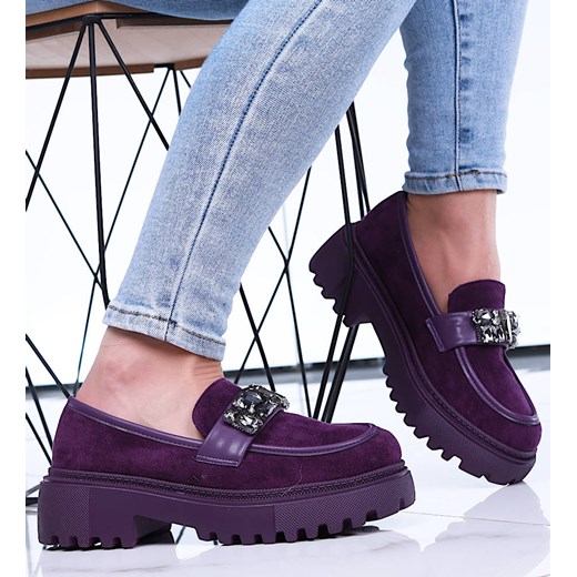 Purpurowe loafersy z kamieniami półbuty na platformie /A6-1 15489 T336/ ze sklepu Pantofelek24.pl w kategorii Mokasyny damskie - zdjęcie 179055130