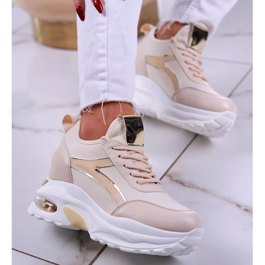 Beżowe trampki sneakersy na niskim koturnie /B3-3 13271 T804/ ze sklepu Pantofelek24.pl w kategorii Buty sportowe damskie - zdjęcie 179055263