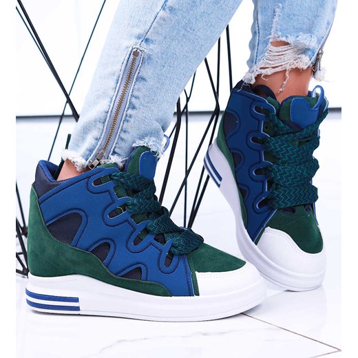 Sznurowane granatowo zielone trampki sneakersy na niskim koturnie /E2-3 15824 D430/ ze sklepu Pantofelek24.pl w kategorii Buty sportowe damskie - zdjęcie 179057103