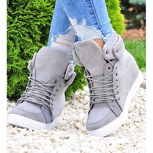 Szare trampki sneakersy na koturnie /B1-1 8001 T391/ ze sklepu Pantofelek24.pl w kategorii Buty sportowe damskie - zdjęcie 179058234