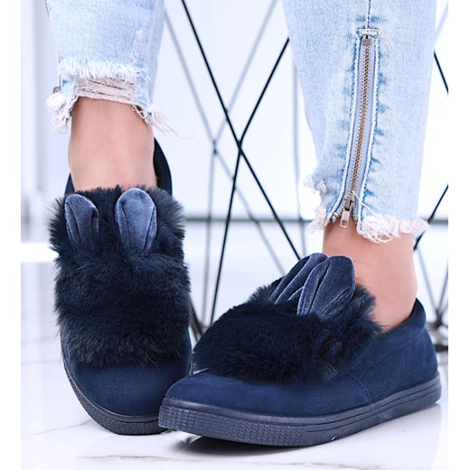 Wsuwane granatowe zamszowe trampki z uszami slip on /E2-3 15623 T037/ ze sklepu Pantofelek24.pl w kategorii Kapcie damskie - zdjęcie 179058910