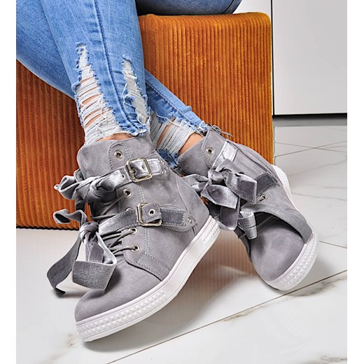 Zamszowe trampki sneakersy z kokardami SZARE /F2-2 4205 S271/ ze sklepu Pantofelek24.pl w kategorii Trampki damskie - zdjęcie 179058993