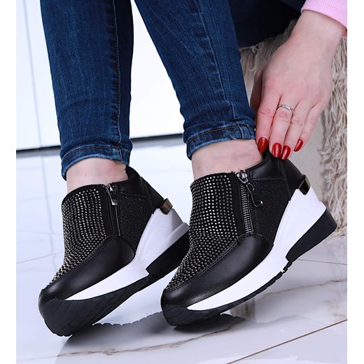 Czarne sneakersy z suwakiem na koturnie /B3-1 14745 T366/ ze sklepu Pantofelek24.pl w kategorii Buty sportowe damskie - zdjęcie 179059003